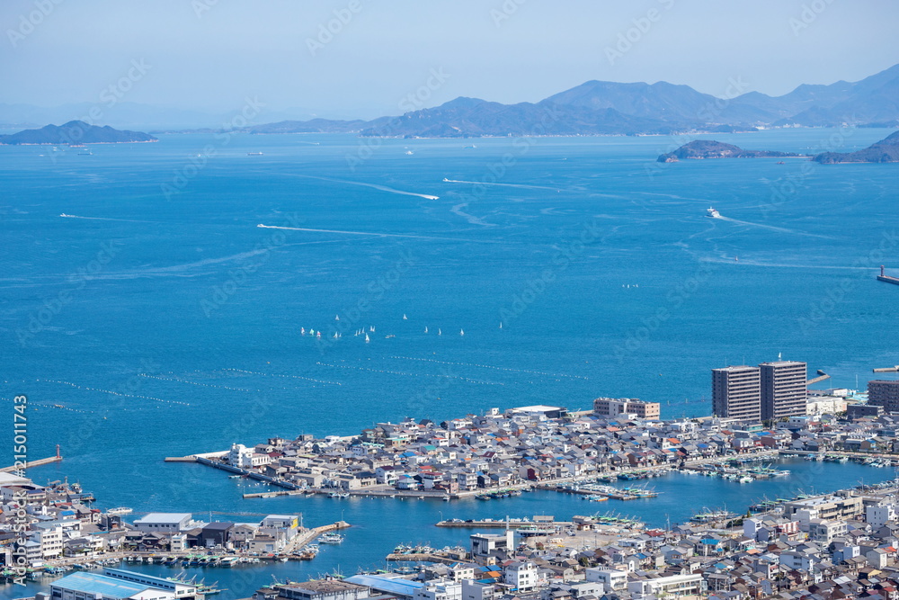 Landscape of the Seto Inland Sea(yachts,boats,port and city),Takamatsu,Kagawa,Shikoku,Japan