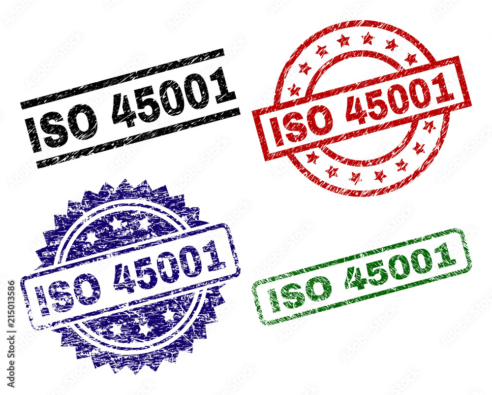 ISO 45001 seal imprints with distress texture. Black, green,red,blue vector rubber prints of ISO 45001 title with corroded texture. Rubber seals with round, rectangle, medallion shapes. ISO 45001 seal imprints with distress texture. Black, green,red,blue vector rubber prints of ISO 45001 title with corroded texture. Rubber seals with round, rectangle, medallion shapes.