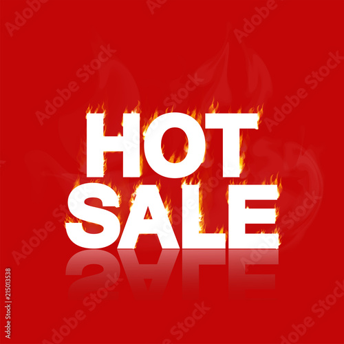 Hot Sale Banner. Vector illustration. Burning inscription with smoke, HOT SALE. Advertising poster layout with flame ,red background. 