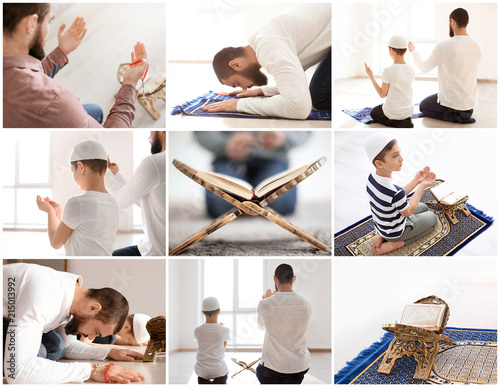 Canvas Print Set with Muslim people praying indoors. Islamic religion