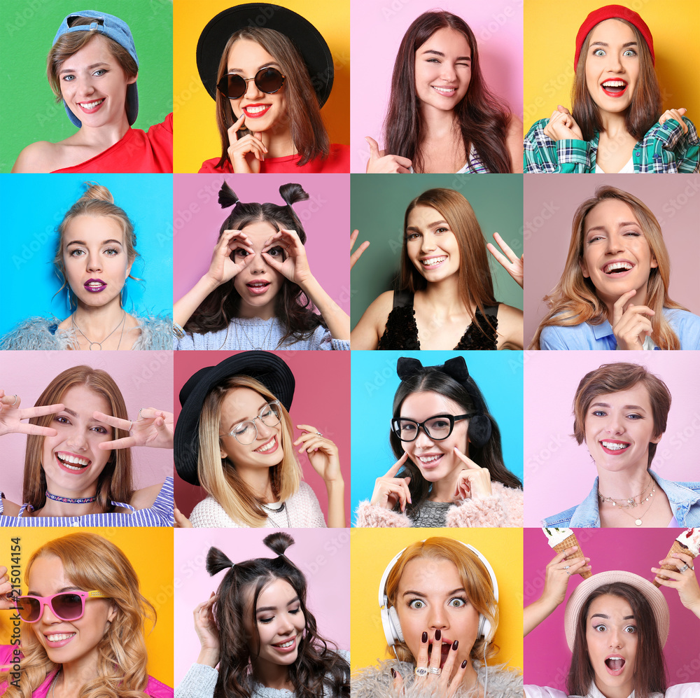 Collage with hipster girls on color background. Beauty and fashion Collage with hipster girls on color background. Beauty and fashion