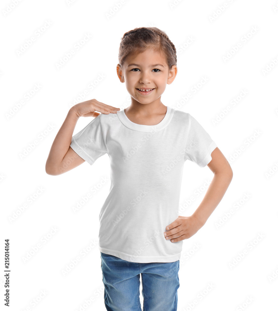 Little girl in t-shirt on white background. Mockup for design Little girl in t-shirt on white background. Mockup for design