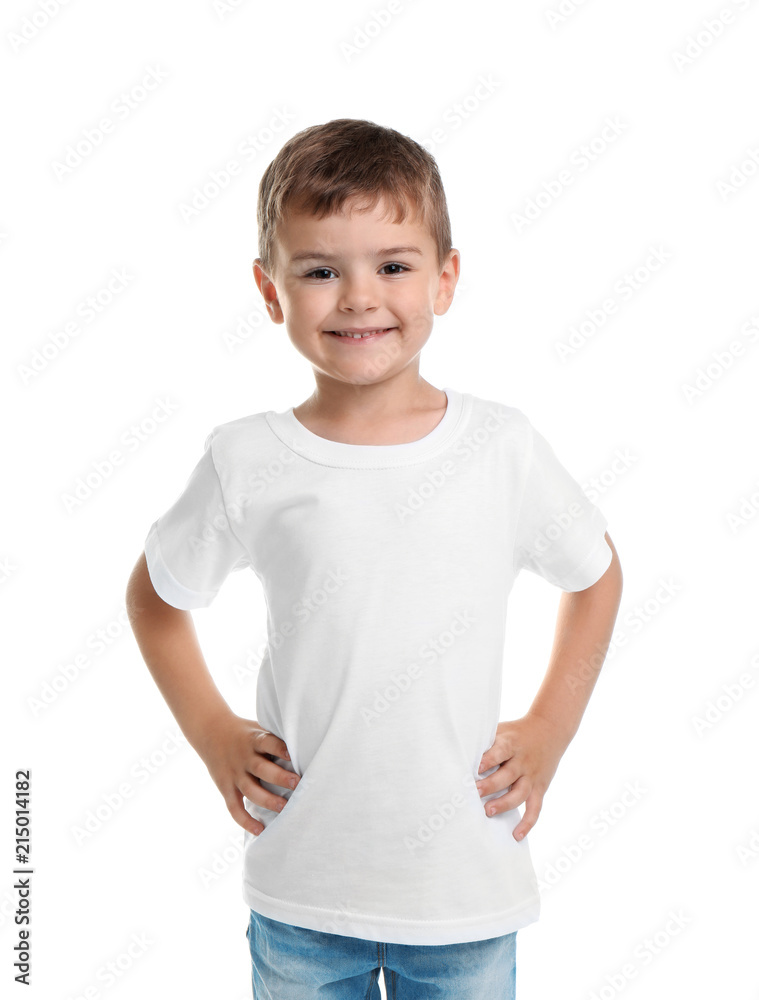 Little boy in t-shirt on white background. Mockup for design Little boy in t-shirt on white background. Mockup for design