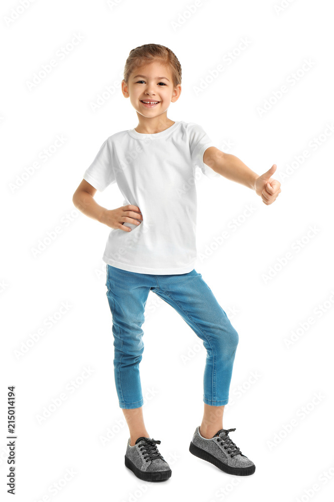 Little girl in t-shirt on white background. Mockup for design Little girl in t-shirt on white background. Mockup for design