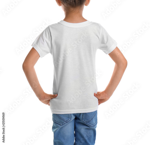 Little girl in t-shirt on white background. Mockup for design