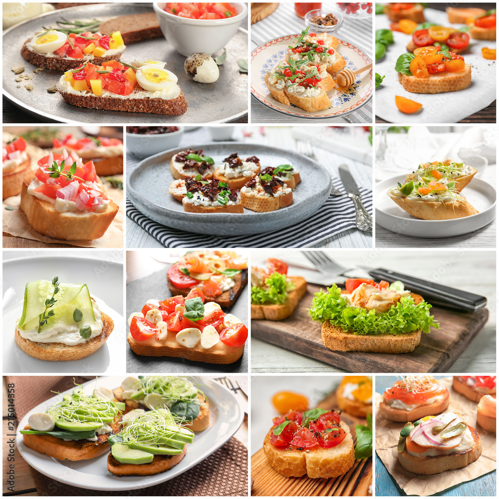 Set with different delicious bruschettas Set with different delicious bruschettas