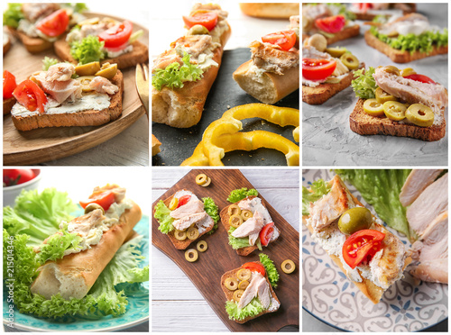 Set of delicious bruschettas with chicken