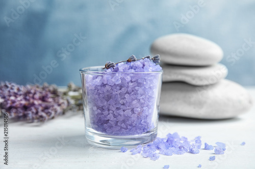 Fototapeta Naklejka Na Ścianę i Meble -  Composition with lavender flowers and natural cosmetic on table