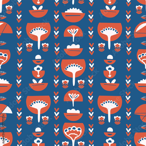 Blue Red Retro Floral,Vector Pattern Seamless, Hand Drawn Stylized Folk Art Flower Illustration for Trendy Fashion Prints, Wallpaper, Stationery, Vintage Home Decor, Gift Wrap, Textile Backgrounds