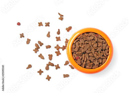 Fototapeta Naklejka Na Ścianę i Meble -  Bowl with food for cat or dog on white background. Pet care