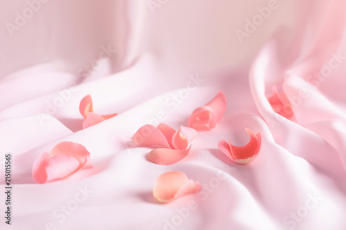 Beautiful rose petals on soft pink fabric