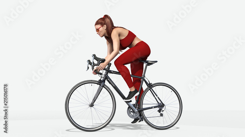 Girl with long hair on a bicycle, redhead athletic woman in sports outfit riding a bike, 3D rendering