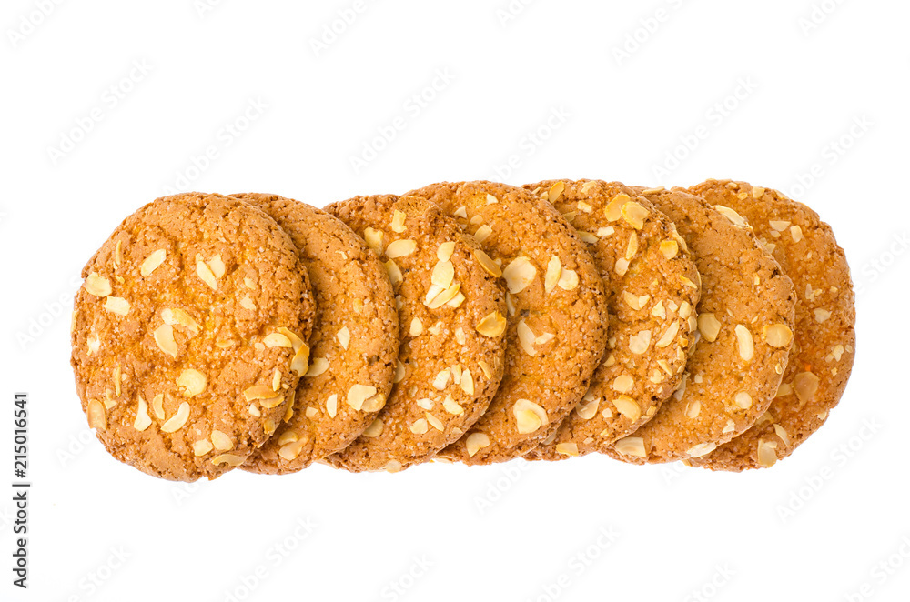Cookies with oat flakes, nuts, isolated on white. Studio Photo 