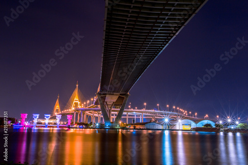 BANGKOK, THAILAND-MAY: The Bhumibol Bridge, one of Thailand's most famous bridges, spanning the river Choa Phraya on May 17, 2018 in Bangkok, Thailand.