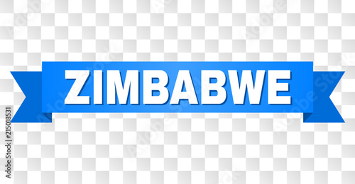 ZIMBABWE text on a ribbon. Designed with white caption and blue tape. Vector banner with ZIMBABWE tag on a transparent background.