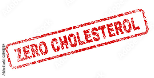 ZERO CHOLESTEROL stamp seal print with scratced style. Red vector rubber print of ZERO CHOLESTEROL text with retro texture. Text caption is placed inside rounded rectangle frame.