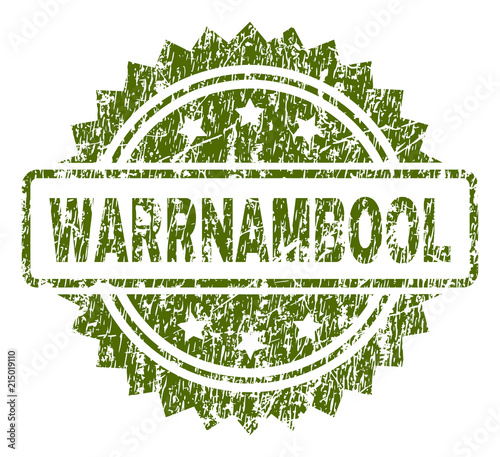 WARRNAMBOOL stamp seal watermark with rubber print style. Green vector rubber print of WARRNAMBOOL label with unclean texture.