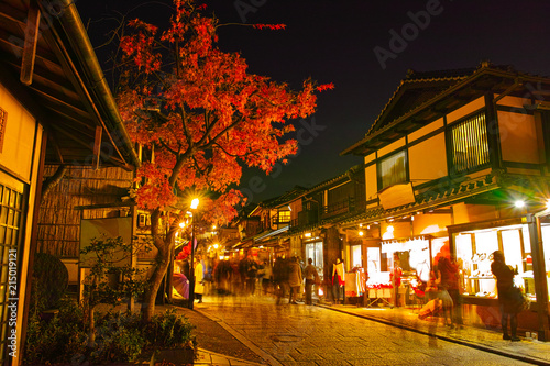 京都東山、紅葉シーズンの二年坂通り商店街の夜景
 photo