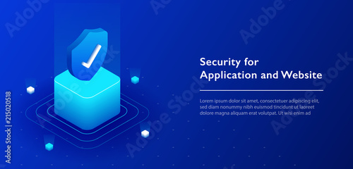3D isometric illustration of security shield server for data protection concept landing page or web template design.