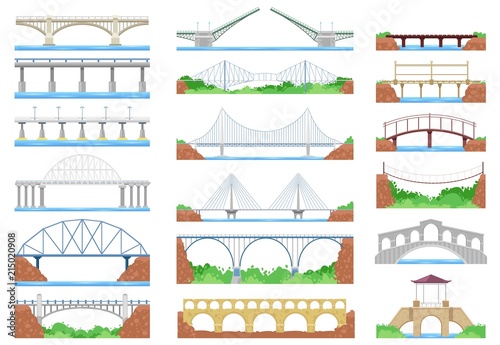 Bridge vector urban crossover architecture and bridge-construction for transportation illustration bridged set of river bridge-building with carriageway isolated on white background