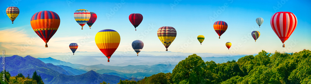 Panorama of mountain with hot air balloons on morning at Thailand. - obrazy, fototapety, plakaty 