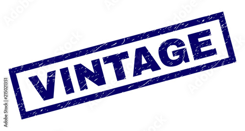 Rectangle VINTAGE seal print with distress style. Rubber seal imitation has rectangle frame. Blue vector rubber print of VINTAGE tag with corroded texture.