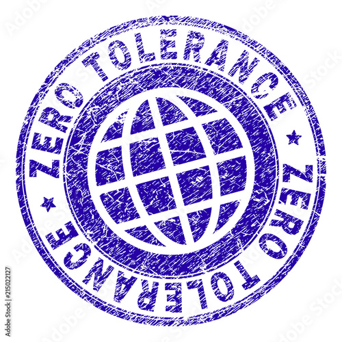 ZERO TOLERANCE stamp print with grunge texture. Blue vector rubber seal print of ZERO TOLERANCE tag with scratched texture. Seal has words placed by circle and planet symbol.