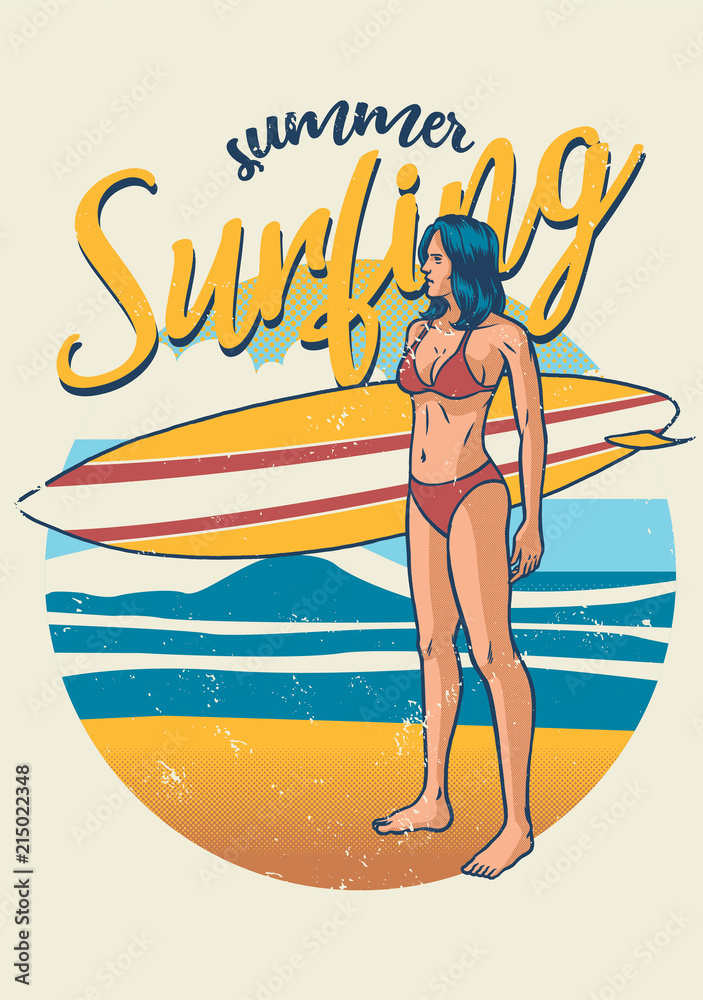 retro design girl holding surf board