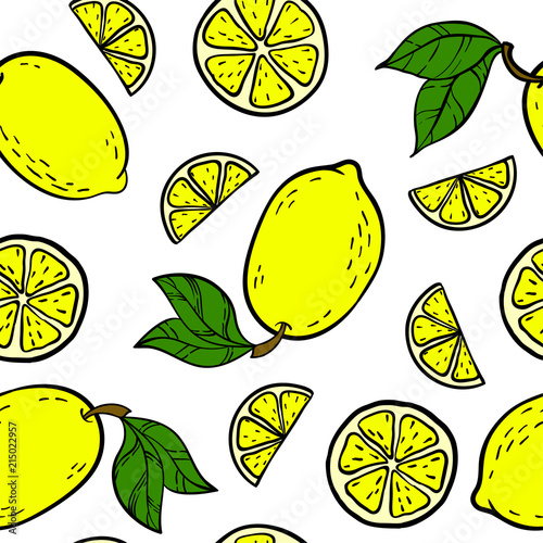 Beautiful yellow, black and white seamless doodle pattern with cute doodle lemons sketch. Hand drawn trendy background. design background greeting cards, invitations, fabric and textile.