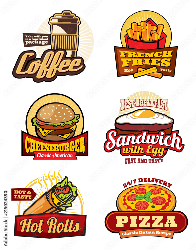 Obraz premium Fast food restaurant meal retro labels design