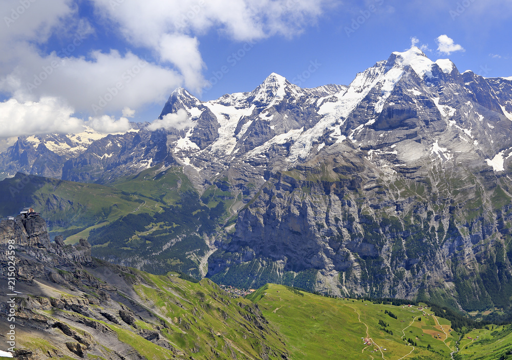 Summer in the Swiss Alps, Murren area, overlooking the Eiger, Monch, Jungfrau and Birg summits