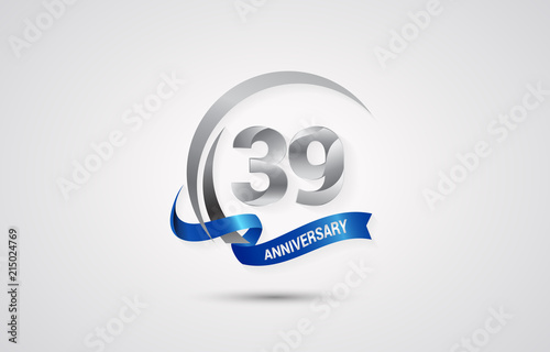 39 Years Anniversary Celebration Logotype. Silver Elegant Vector Illustration with Swoosh, Isolated on white Background can be use for Celebration, Invitation, and Greeting card