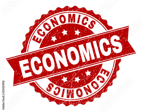 ECONOMICS seal imprint with distress texture. Rubber seal imitation has round medallion form and contains ribbon. Red vector rubber print of ECONOMICS text with retro texture.