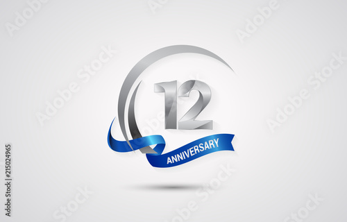 12 Years Anniversary Celebration Logotype. Silver Elegant Vector Illustration  with Swoosh,  Isolated on white Background can be use for Celebration, Invitation, and Greeting card