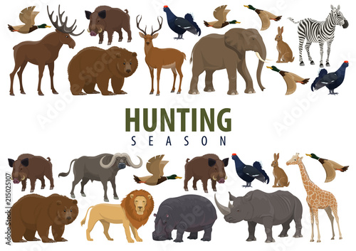 Hunting banner with wild animals and birds