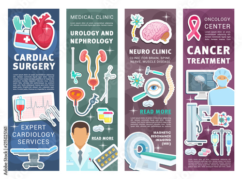 Medical clinic banners with doctors and instrument