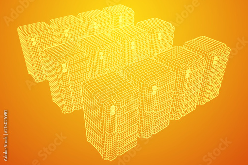Hardware equipment telecommunication server. Data center storage room object. Computer database tower. Internet industry cluster. Wireframe low poly mesh vector illustration