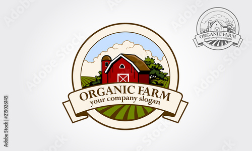 Organic Farm  Vector Logo Illustration. Cartoon illustration of red farm barn. Logo template suitable for business and product names.