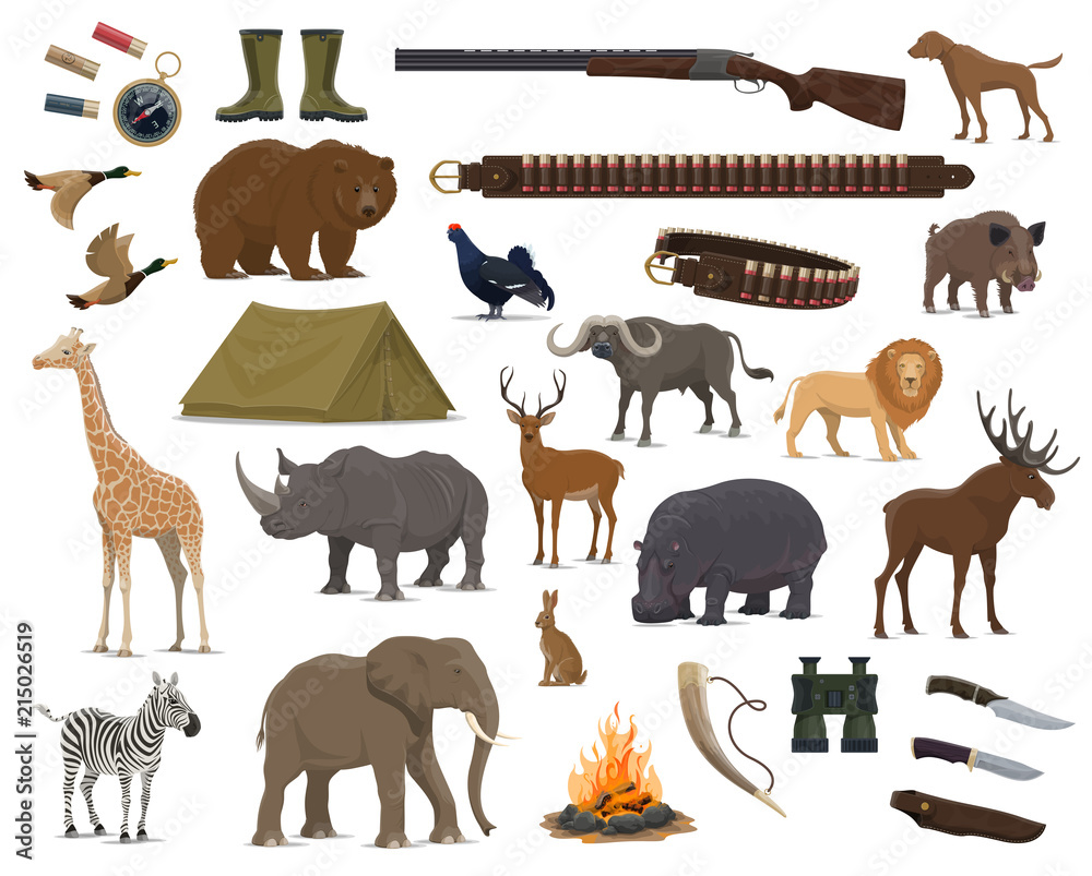 Hunting sport weapon, wild animals and bird icons Hunting sport weapon, wild animals and bird icons