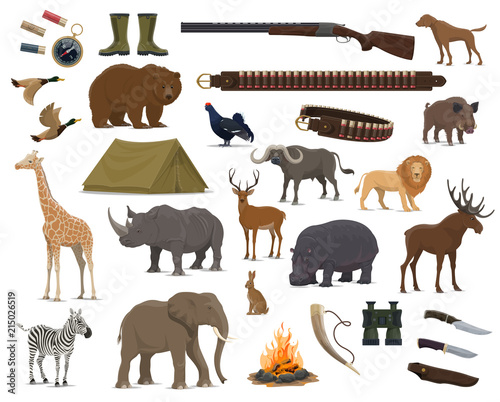 Hunting sport weapon, wild animals and bird icons