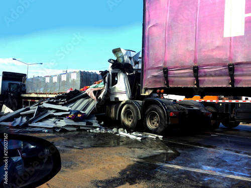 Truck trailer pickup or car went accident on the main highway road