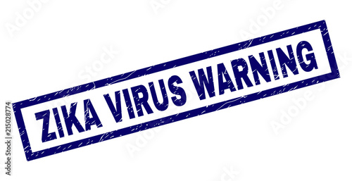 Rectangle ZIKA VIRUS WARNING seal watermark with corroded texture. Rubber seal imitation has rectangle frame. Blue vector rubber print of ZIKA VIRUS WARNING text with corroded texture.
