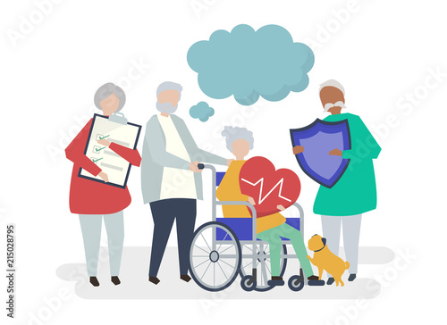 Characters of senior people holding healthcare icons illustration