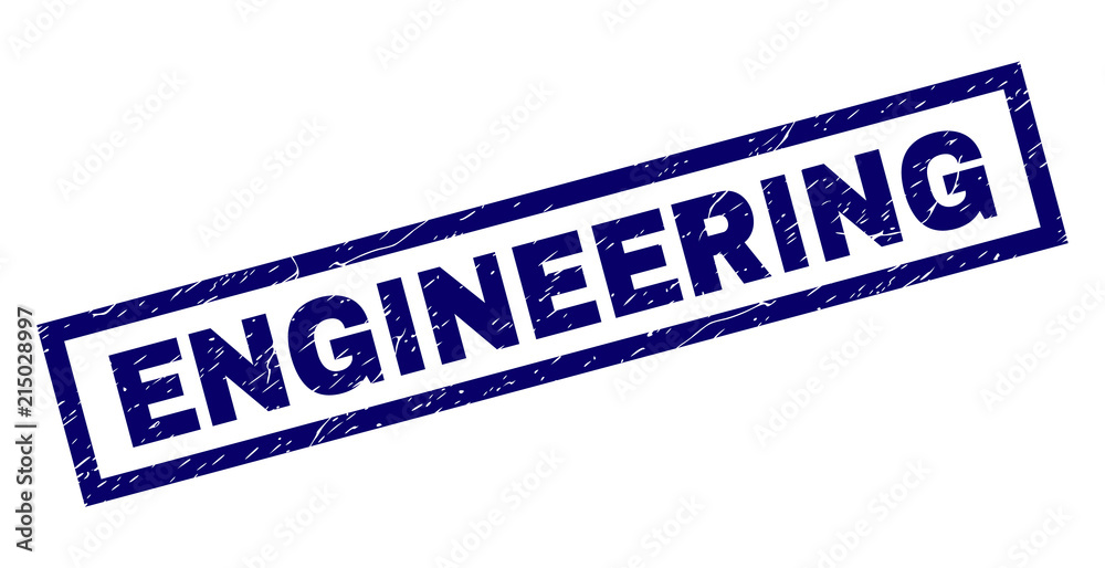 Rectangle ENGINEERING seal print with corroded surface. Rubber seal imitation has rectangle frame. Blue vector rubber print of ENGINEERING title with corroded texture.