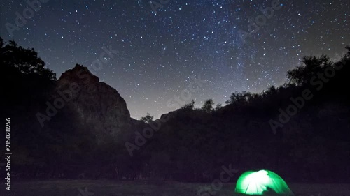4K Timelapse footage of a bivac in a tent under a stary night sky, in Covão d'Ametade, Serra da Estrela Natural Park, Portugal. photo