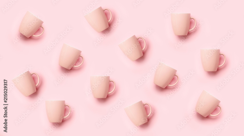 Pattern from pink cups over punchy background. Birthday party celebration, baby shower concept. Pastel colors. Banner. Minimalist style design Pattern from pink cups over punchy background. Birthday party celebration, baby shower concept. Pastel colors. Banner. Minimalist style design