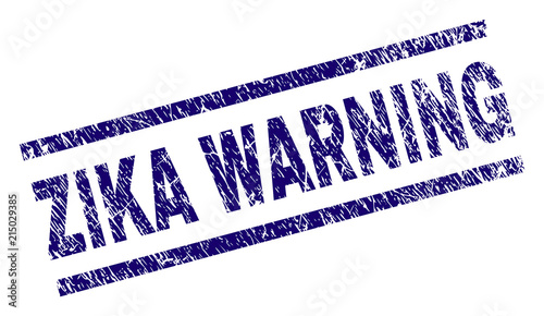 ZIKA WARNING seal stamp with grunge style. Blue vector rubber print of ZIKA WARNING text with grunge texture. Text tag is placed between parallel lines.