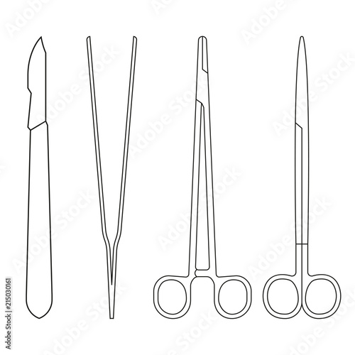 Surgical instruments. Medical scalpel, clamp, forceps or tweezers line  icon. Surgery symbol. Vector illustration.