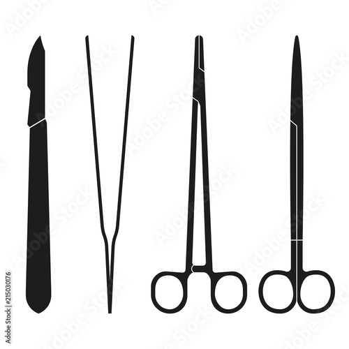 Surgical instruments. Medical scalpel, clamp, forceps or tweezers icon. Surgery symbol. Vector illustration.