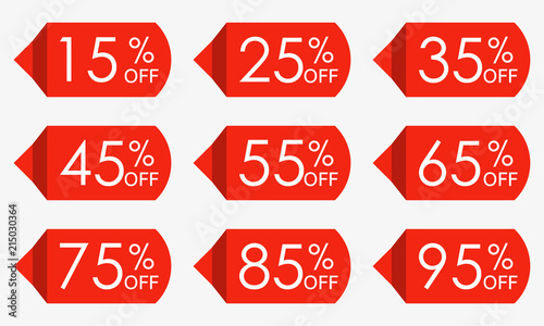 Sale price tag set. Red discount icons or stickers. 15,25,35,45,55,65,75,85,95 percent off. Vector illustration.